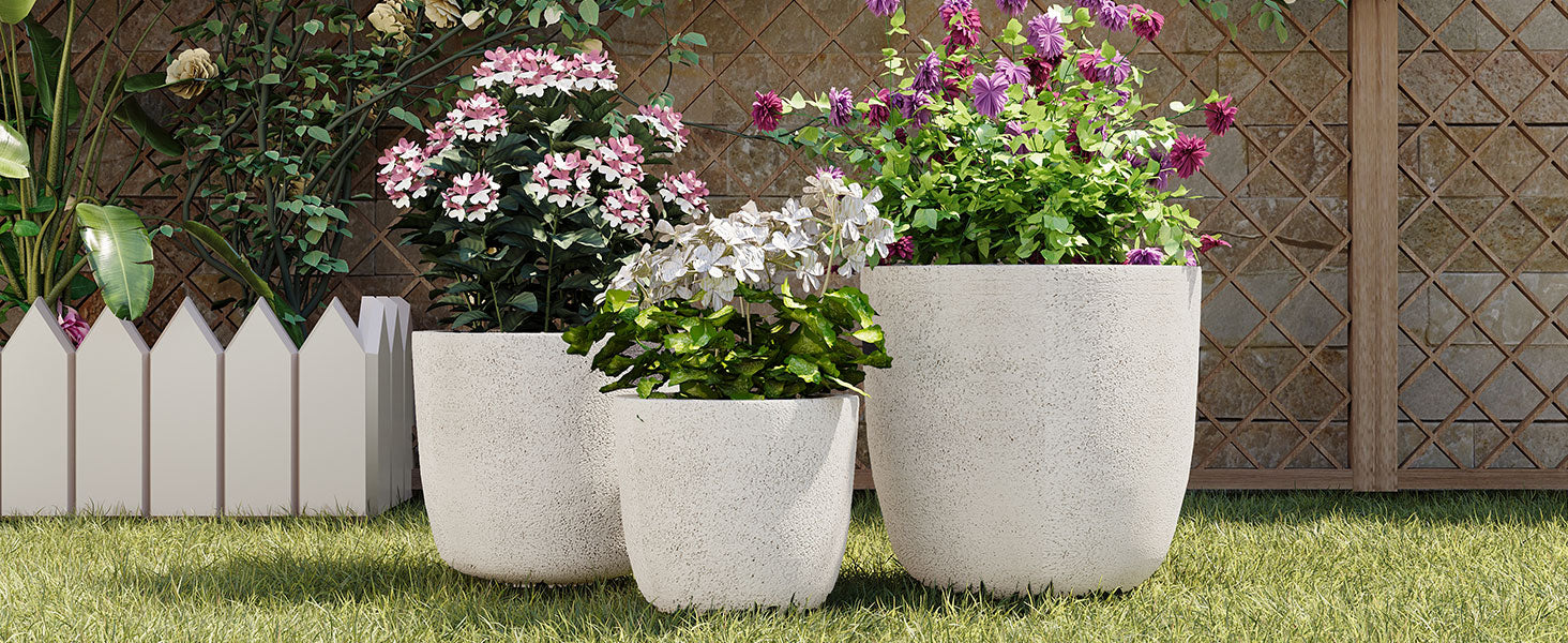 U_Style Lightweight Matte Textured MGO Outdoor Indoor Flower Pot Set of 3,16.9"+13.9"+11.22" Dia Round Concrete Stackable Planter with Drainage Holes and Rubber Plug,Perfect for Garden, Patio, Balcony