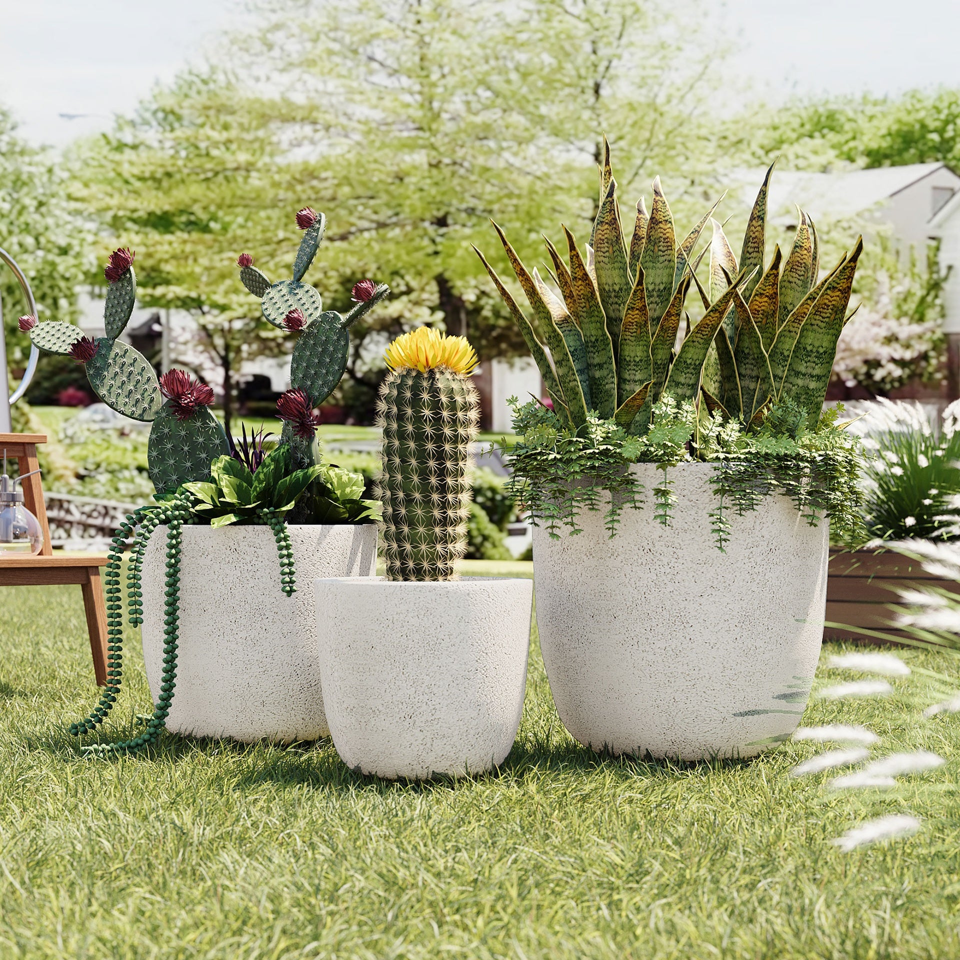 U_Style Lightweight Matte Textured MGO Outdoor Indoor Flower Pot Set of 3,16.9"+13.9"+11.22" Dia Round Concrete Stackable Planter with Drainage Holes and Rubber Plug,Perfect for Garden, Patio, Balcony