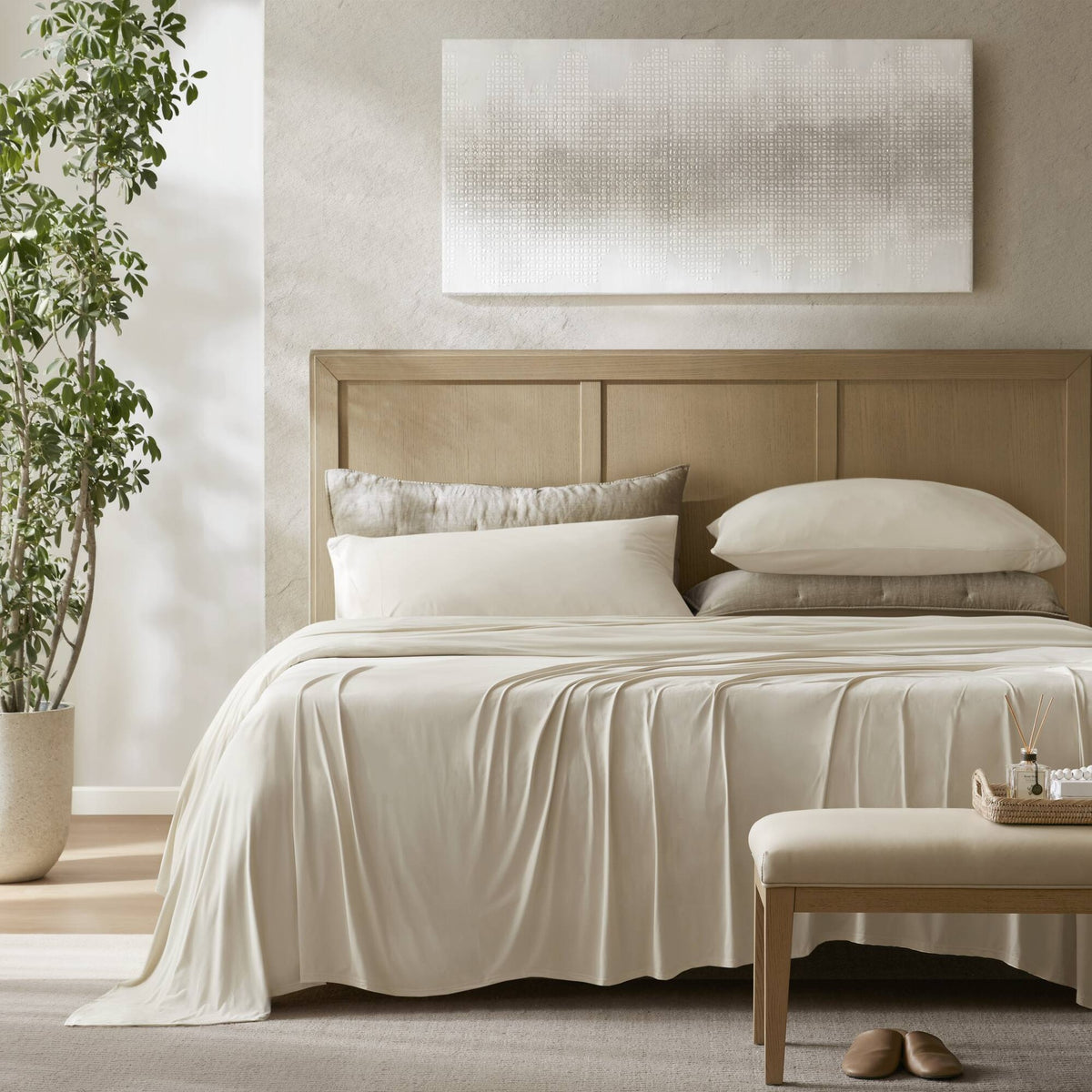 4-Piece Queen Stretch Jersey Sheet Set,Ivory