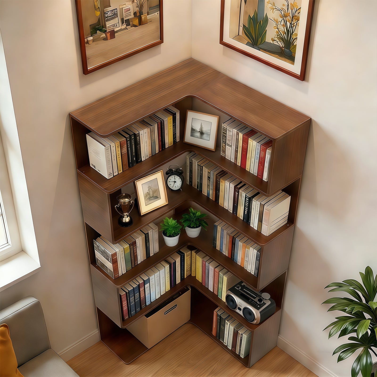 6 Tier Corner Bookshelf, 66" Tall L Shaped Bookshelf with Baffle, Freestanding Display Corner Shelf, Wooden Bookcase with Open Shelf Units for Living Room, Bedroom, Home Office, Walnut