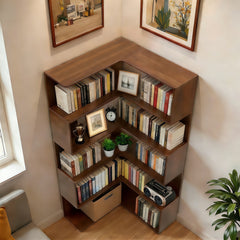 6 Tier Corner Bookshelf, 66" Tall L Shaped Bookshelf with Baffle, Freestanding Display Corner Shelf, Wooden Bookcase with Open Shelf Units for Living Room, Bedroom, Home Office, Walnut