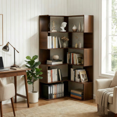 6 Tier Corner Bookshelf, 66" Tall L Shaped Bookshelf with Baffle, Freestanding Display Corner Shelf, Wooden Bookcase with Open Shelf Units for Living Room, Bedroom, Home Office, Walnut