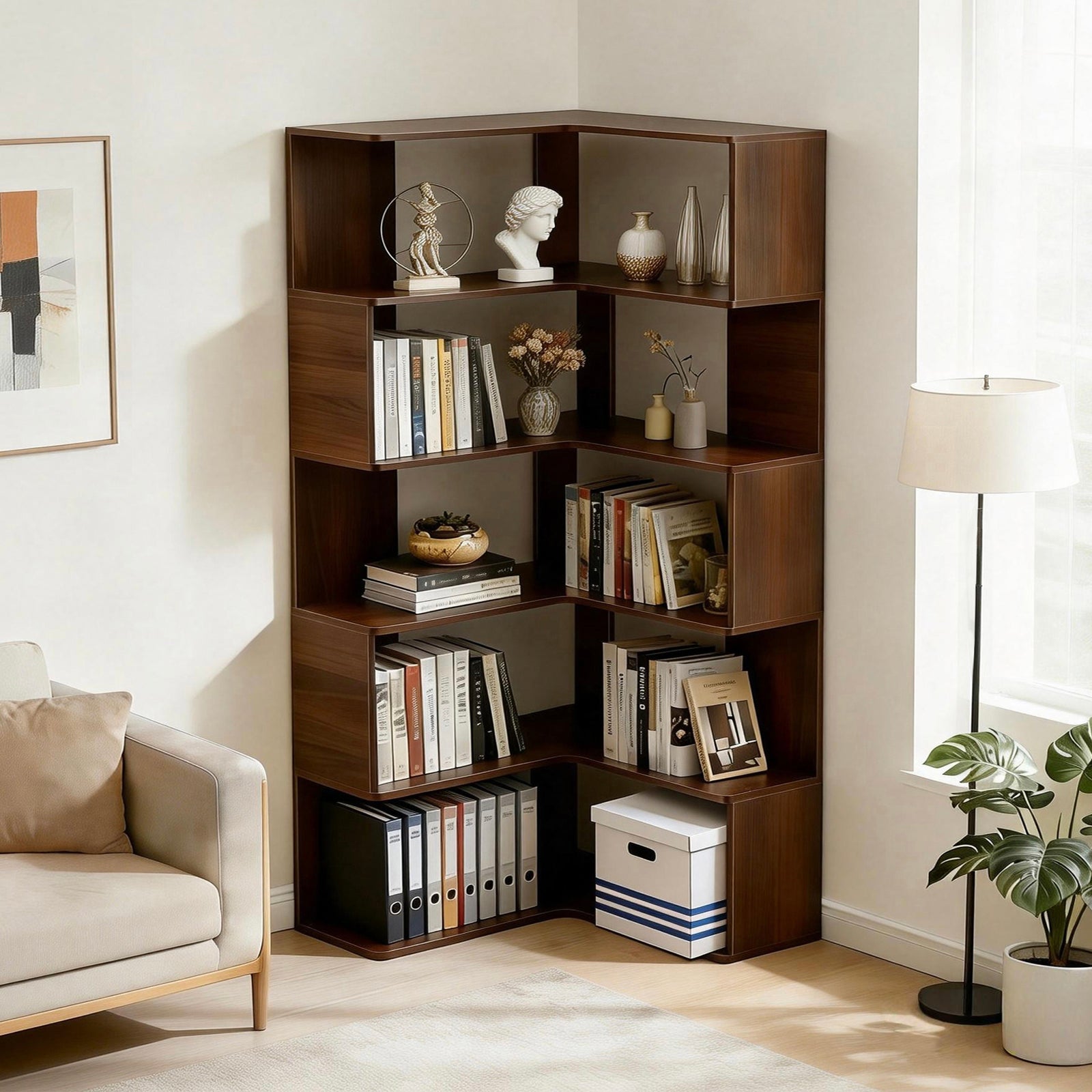 6 Tier Corner Bookshelf, 66" Tall L Shaped Bookshelf with Baffle, Freestanding Display Corner Shelf, Wooden Bookcase with Open Shelf Units for Living Room, Bedroom, Home Office, Walnut