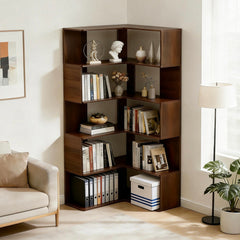 6 Tier Corner Bookshelf, 66" Tall L Shaped Bookshelf with Baffle, Freestanding Display Corner Shelf, Wooden Bookcase with Open Shelf Units for Living Room, Bedroom, Home Office, Walnut