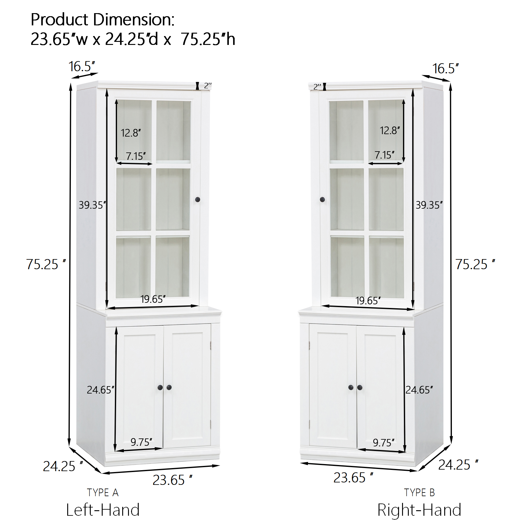 75.25'' Tall Freestanding Pantry Cabinet with Glass Door & Lattice Window, Farmhouse Display Cabinets with Storage, Hutch with Double-Action LH&RH Door, for Hallways, Livingroom Kitchen & Office,White