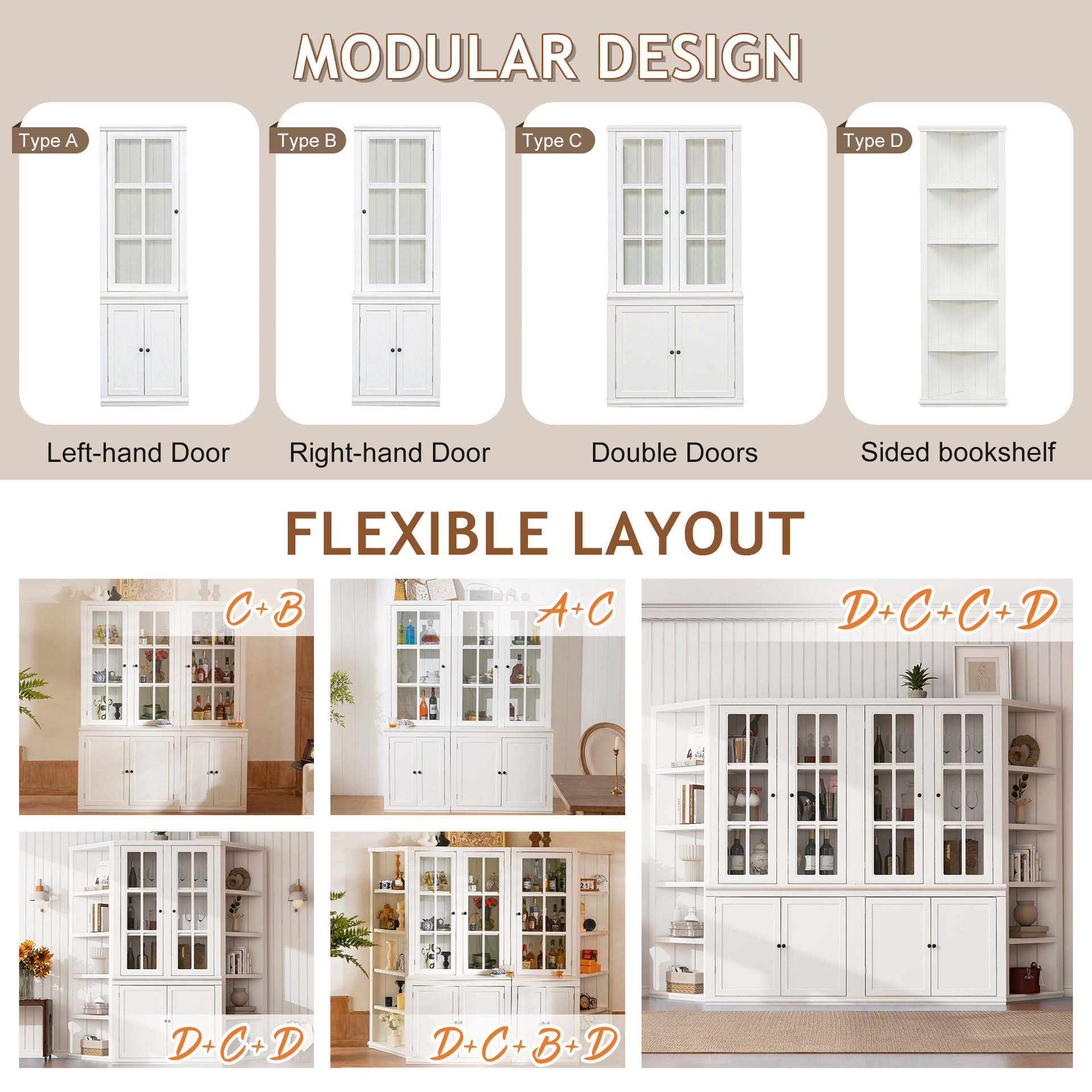 75.25'' Tall Freestanding Pantry Cabinet with Glass Door & Lattice Window, Farmhouse Display Cabinets with Storage, Hutch with Double-Action LH&RH Door, for Hallways, Livingroom Kitchen & Office,White