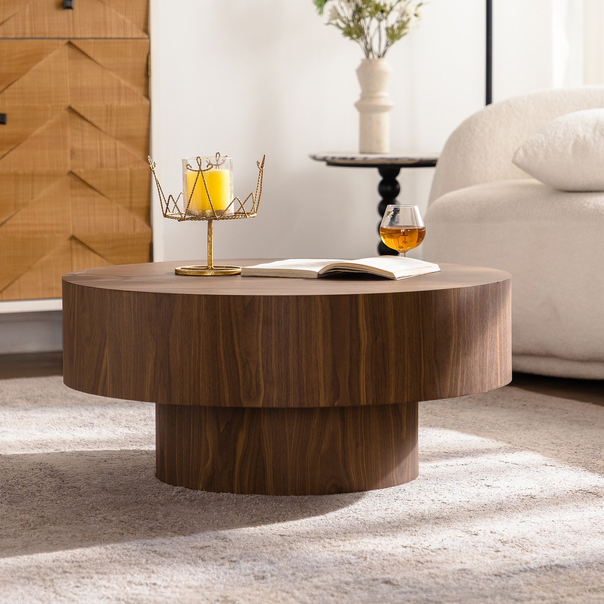 Round Wood 30.51 inch Coffee table for Living Room Table Walnut Suitable for Bedroom, Living Room, Office