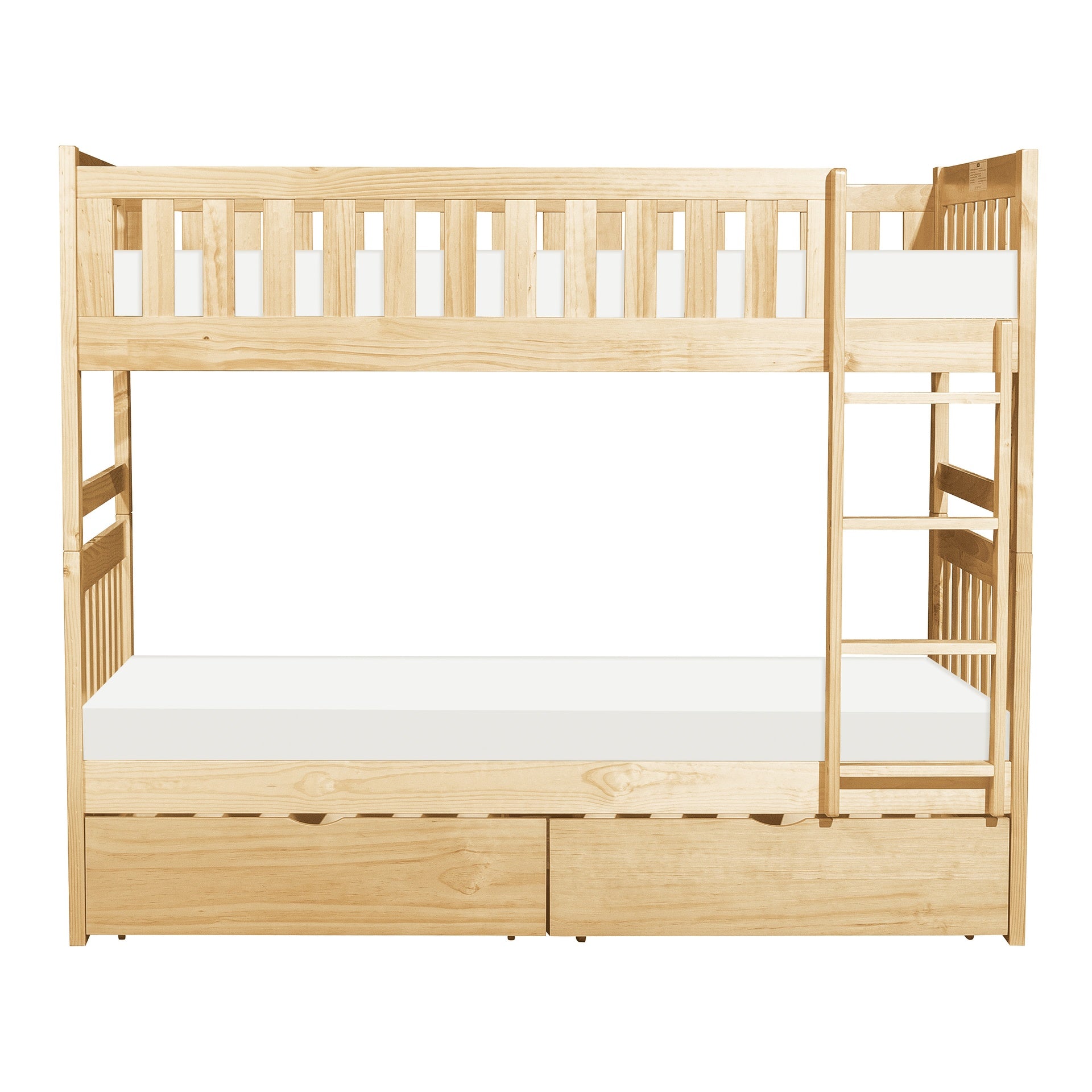 Twin Over Twin Bunk Bed with Storage Boxes Natural Pine Finish Sturdy Ladder Wooden Transitional Bedroom Furniture 1pc Children Bed