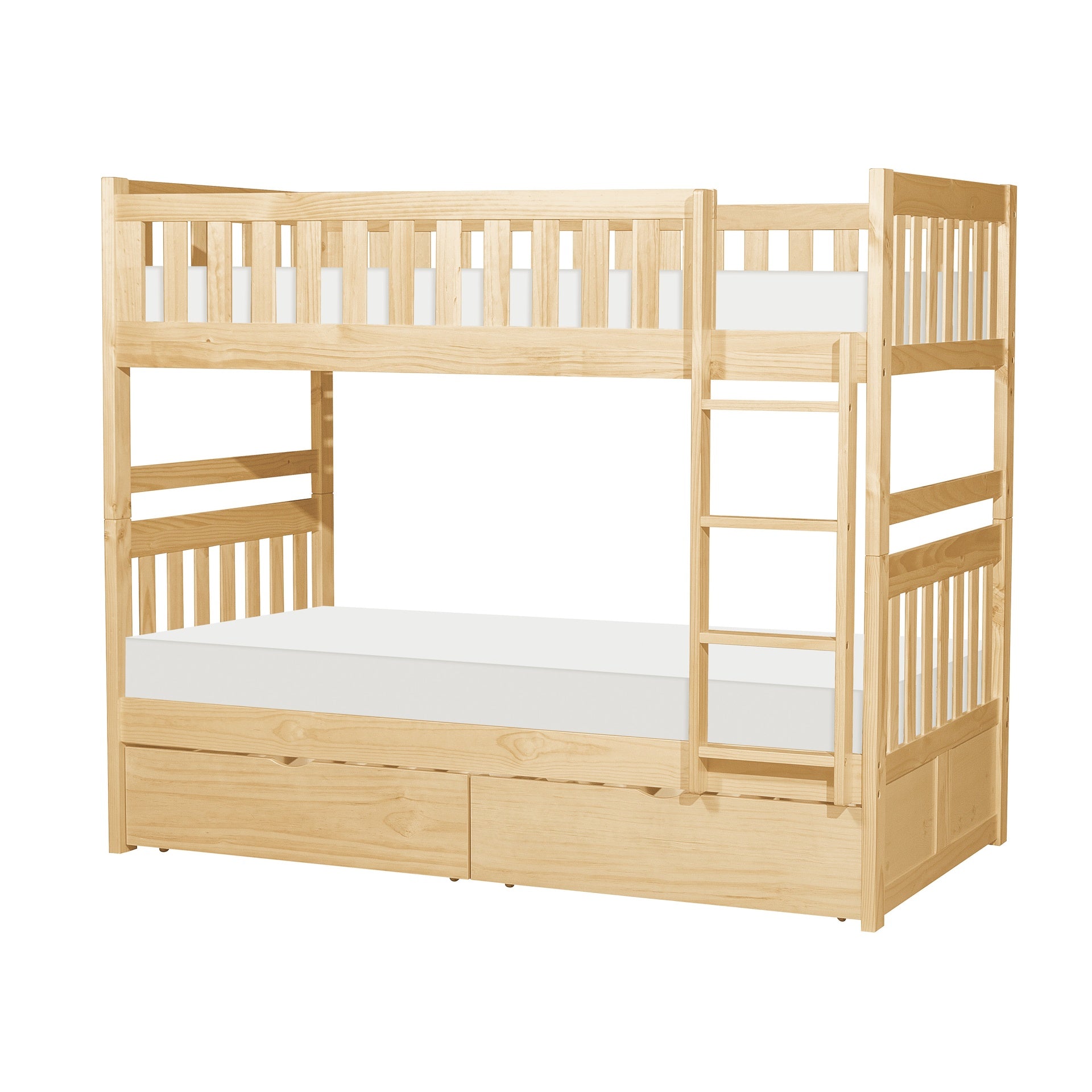 Twin Over Twin Bunk Bed with Storage Boxes Natural Pine Finish Sturdy Ladder Wooden Transitional Bedroom Furniture 1pc Children Bed