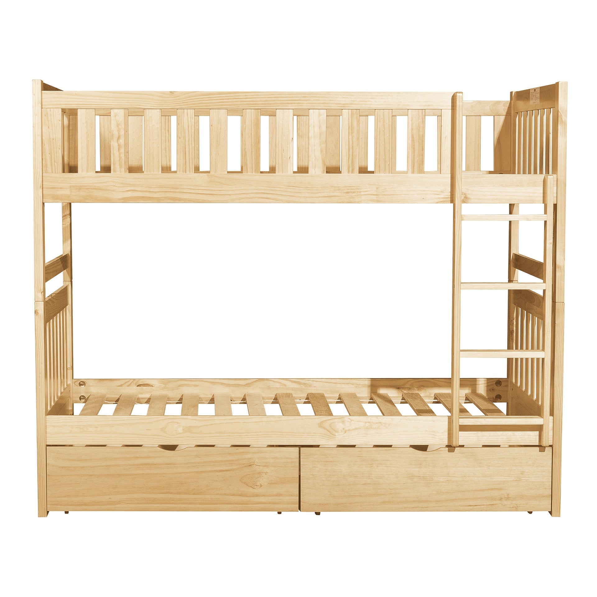 Twin Over Twin Bunk Bed with Storage Boxes Natural Pine Finish Sturdy Ladder Wooden Transitional Bedroom Furniture 1pc Children Bed
