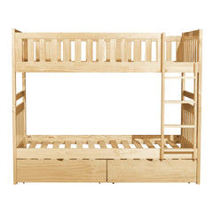 Twin Over Twin Bunk Bed with Storage Boxes Natural Pine Finish Sturdy Ladder Wooden Transitional Bedroom Furniture 1pc Children Bed