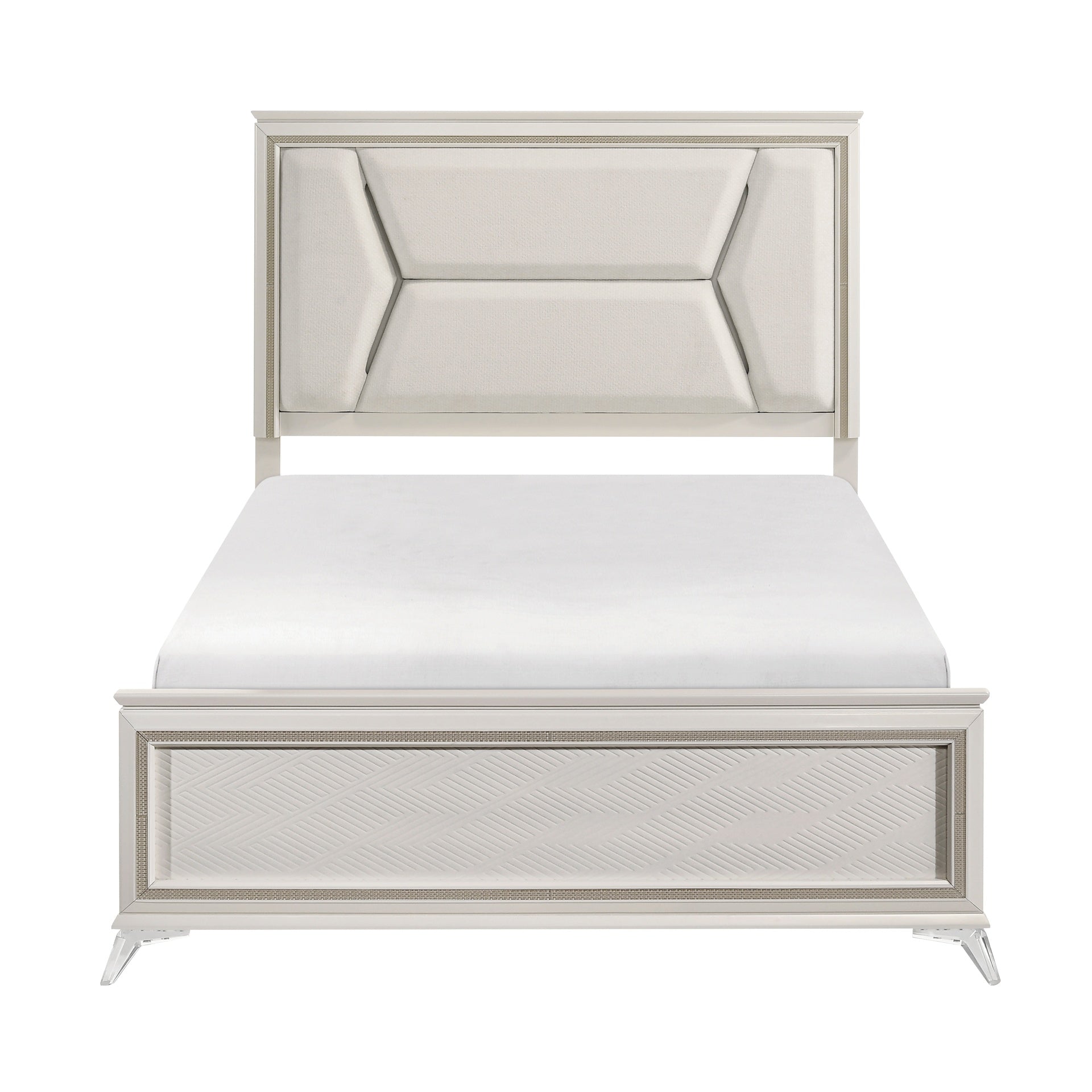 1pc Modern Luxury Queen Bed Upholstered Headboard with LED Lighting Wooden Bedroom Furniture Antique White Finish and Gold