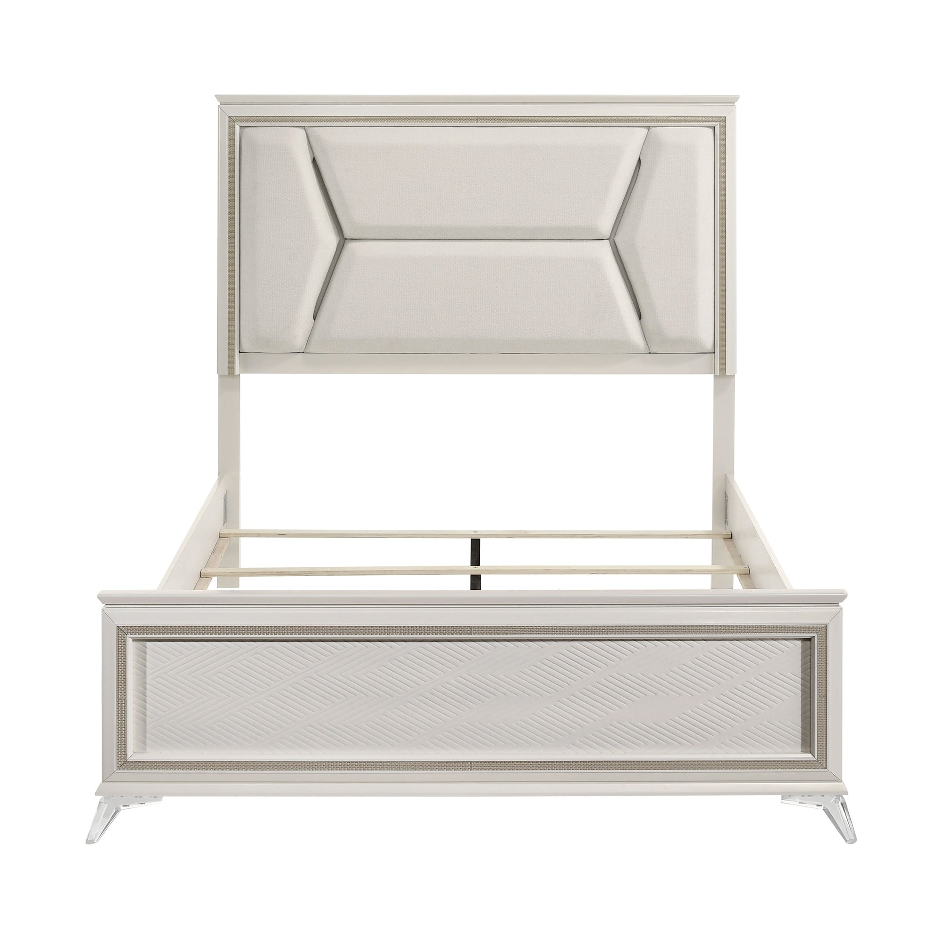 1pc Modern Luxury Queen Bed Upholstered Headboard with LED Lighting Wooden Bedroom Furniture Antique White Finish and Gold
