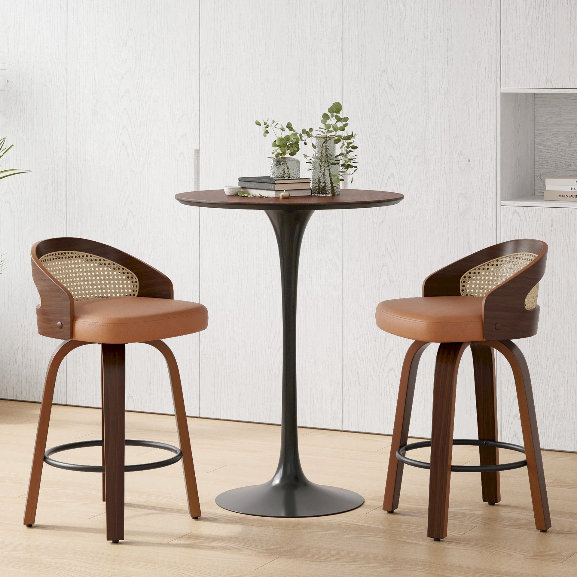Swivel Bar Stools Set of 2, Modern Wood Frame with Rattan Back, PU Leather Stool for Kitchen Counter, Mid Century Upholstered Barstools with Footrest,Industrial Counter Height Stools