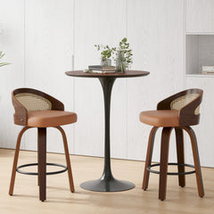 Swivel Bar Stools Set of 2, Modern Wood Frame with Rattan Back, PU Leather Stool for Kitchen Counter, Mid Century Upholstered Barstools with Footrest,Industrial Counter Height Stools