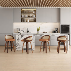 Swivel Bar Stools Set of 2, Modern Wood Frame with Rattan Back, PU Leather Stool for Kitchen Counter, Mid Century Upholstered Barstools with Footrest,Industrial Counter Height Stools