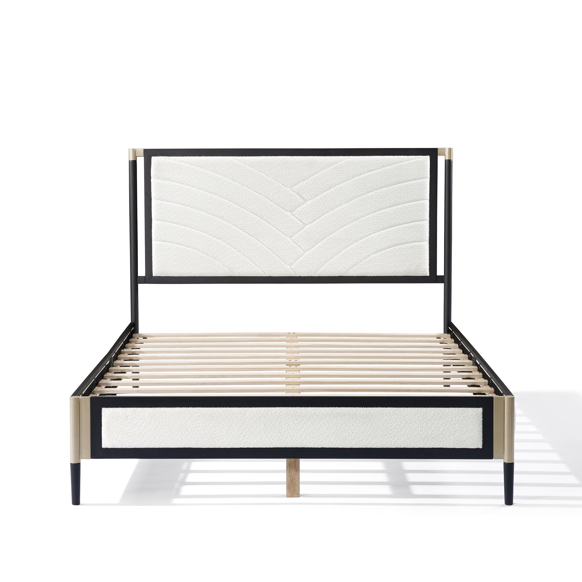 Queen Bed with White Boucle fabric Headboard,Champagne Silver+Black Frame