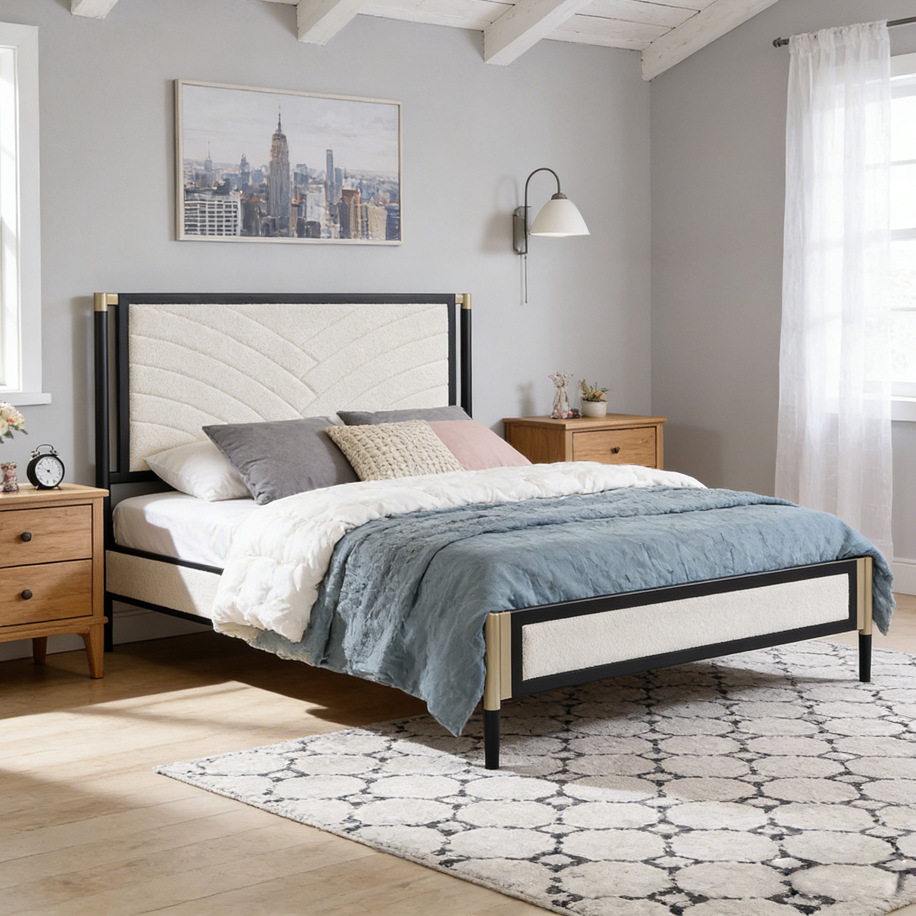 Queen Bed with White Boucle fabric Headboard,Champagne Silver+Black Frame