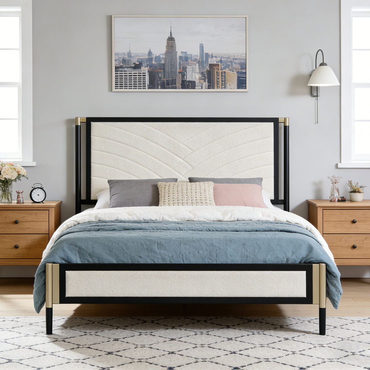 Queen Bed with White Boucle fabric Headboard,Champagne Silver+Black Frame