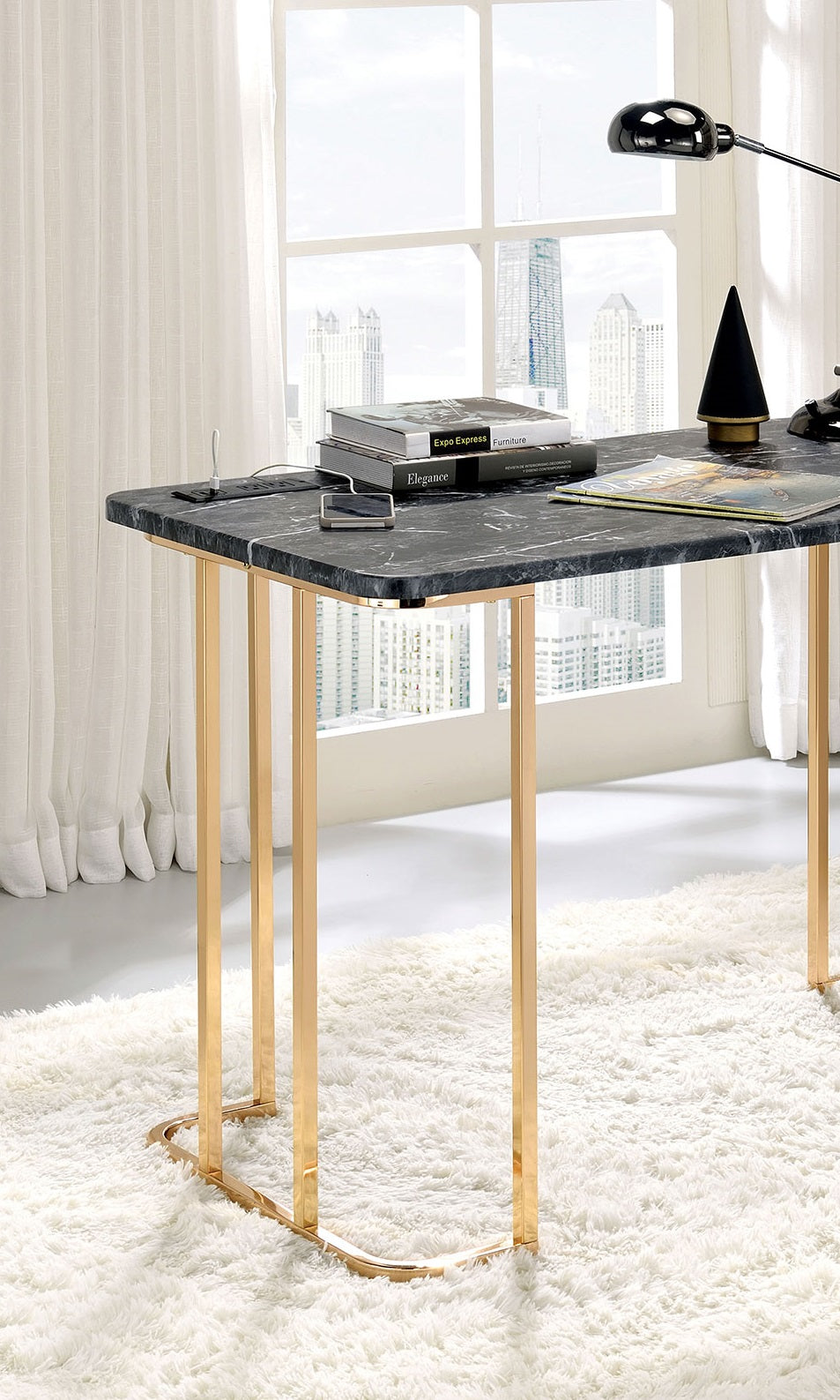 Contemporary Desk With Faux Marble On Top USB & Power Outlet, Gold/Black