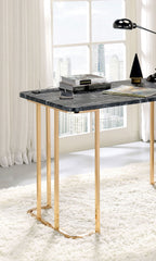 Contemporary Desk With Faux Marble On Top USB & Power Outlet, Gold/Black