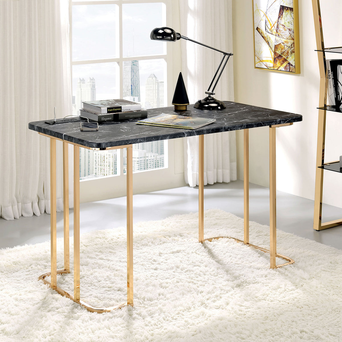 Contemporary Desk With Faux Marble On Top USB & Power Outlet, Gold/Black