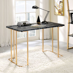 Contemporary Desk With Faux Marble On Top USB & Power Outlet, Gold/Black