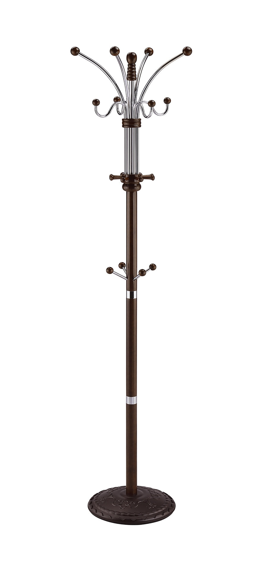 73" Tall Chrome and Wood Coat Rack, Espresso finish