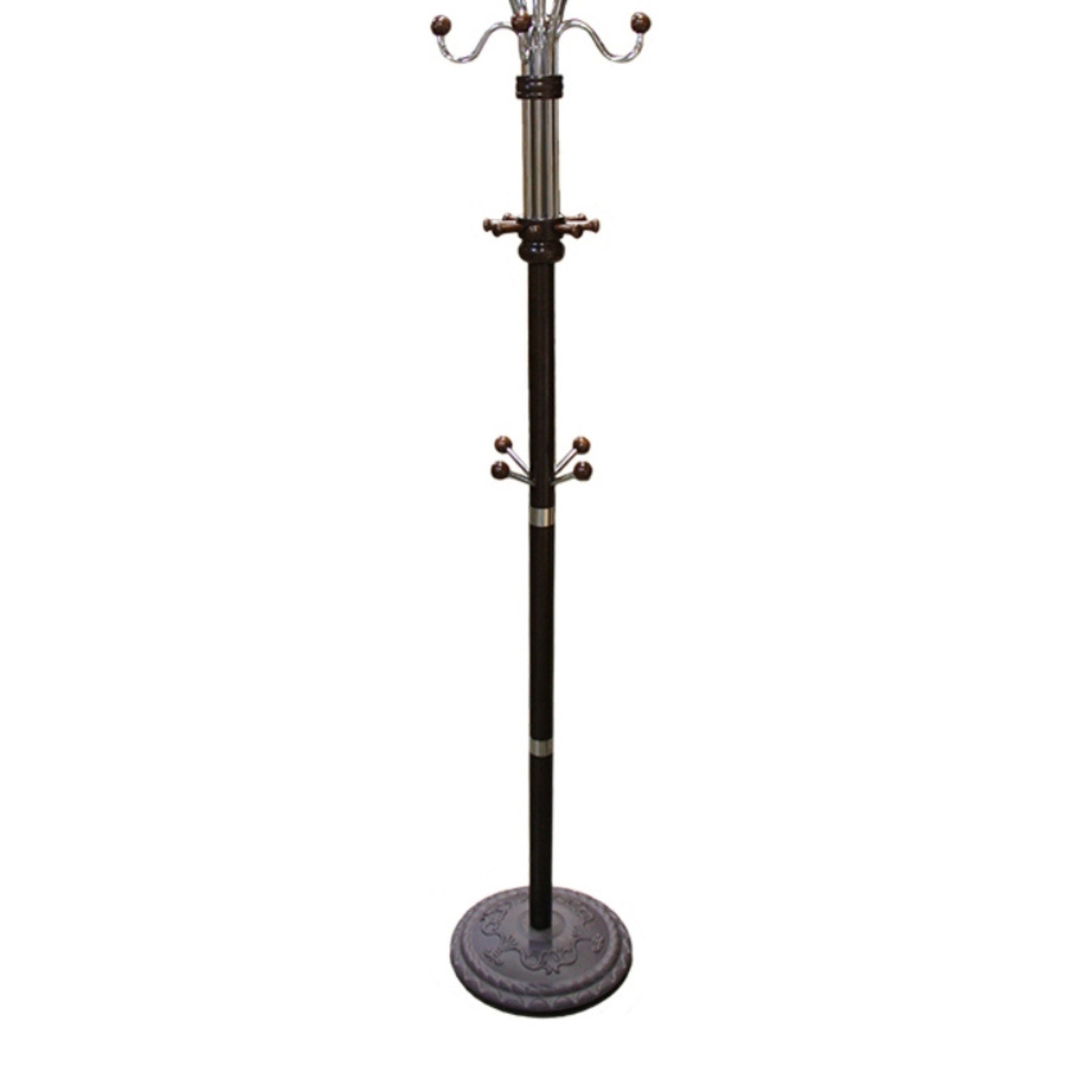 73" Tall Chrome and Wood Coat Rack, Espresso finish
