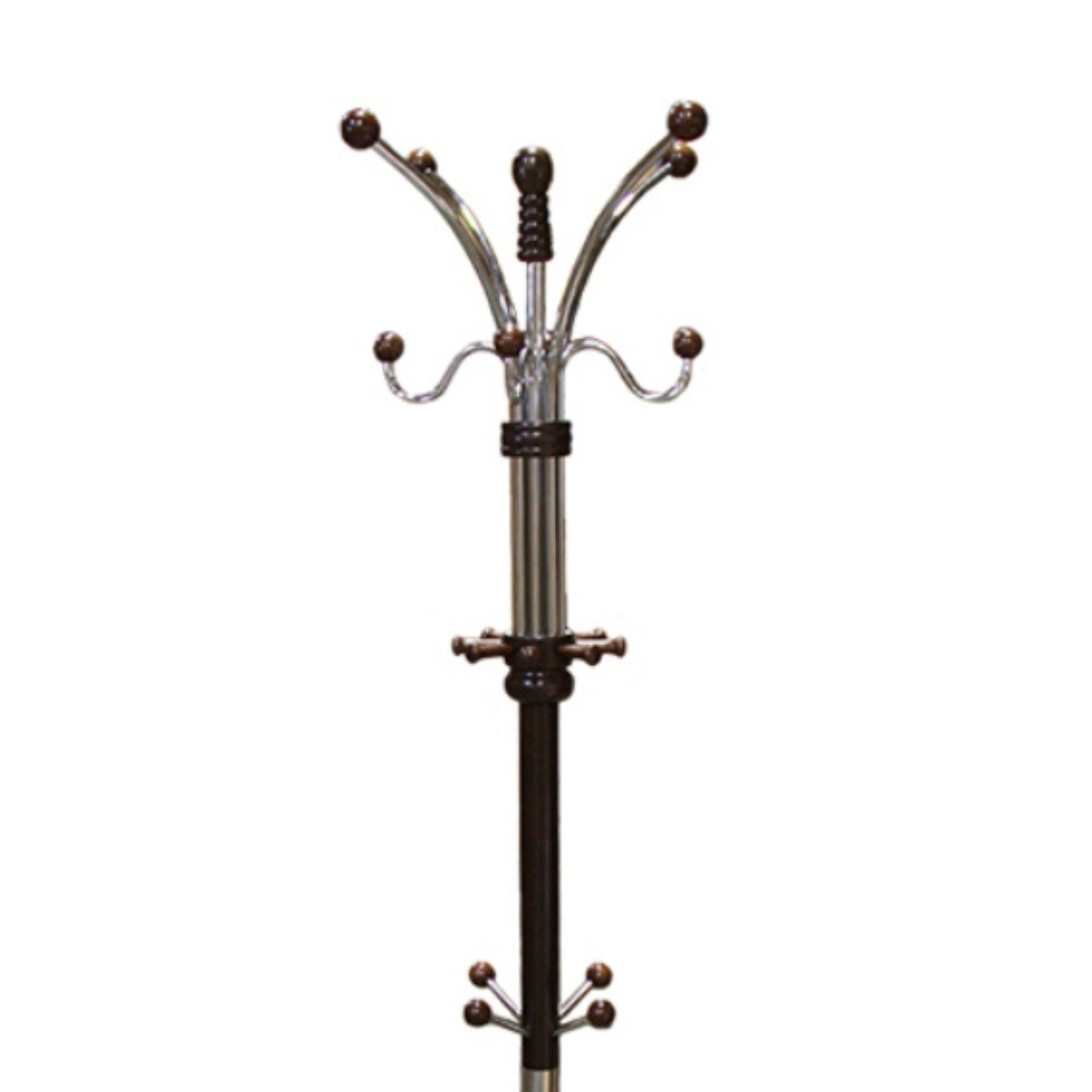73" Tall Chrome and Wood Coat Rack, Espresso finish