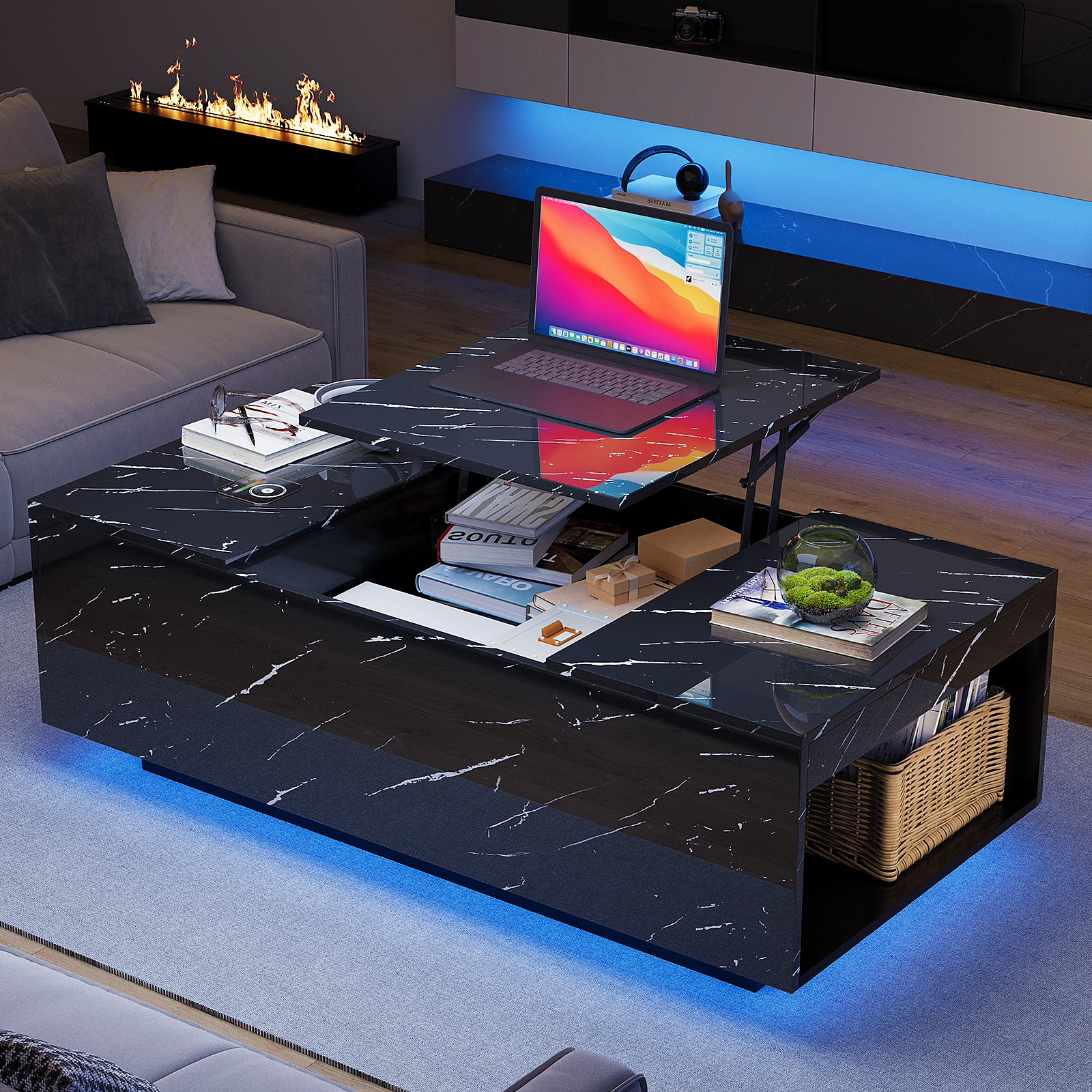 Lift Top Coffee Table with Storage, 24-Color LED Lights, Wireless Charging and Bluetooth Speaker for Living Room, Black