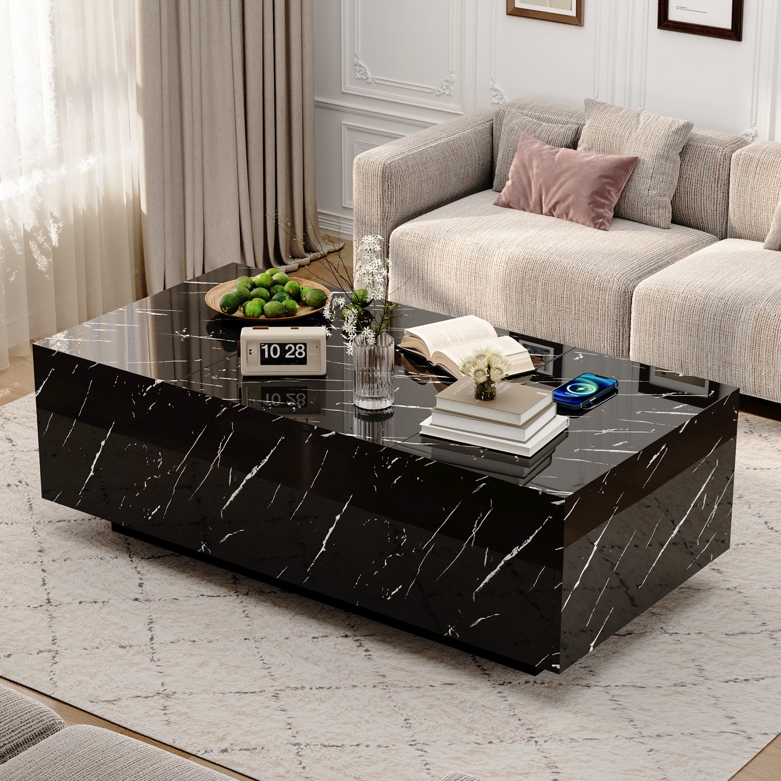 Lift Top Coffee Table with Storage, 24-Color LED Lights, Wireless Charging and Bluetooth Speaker for Living Room, Black