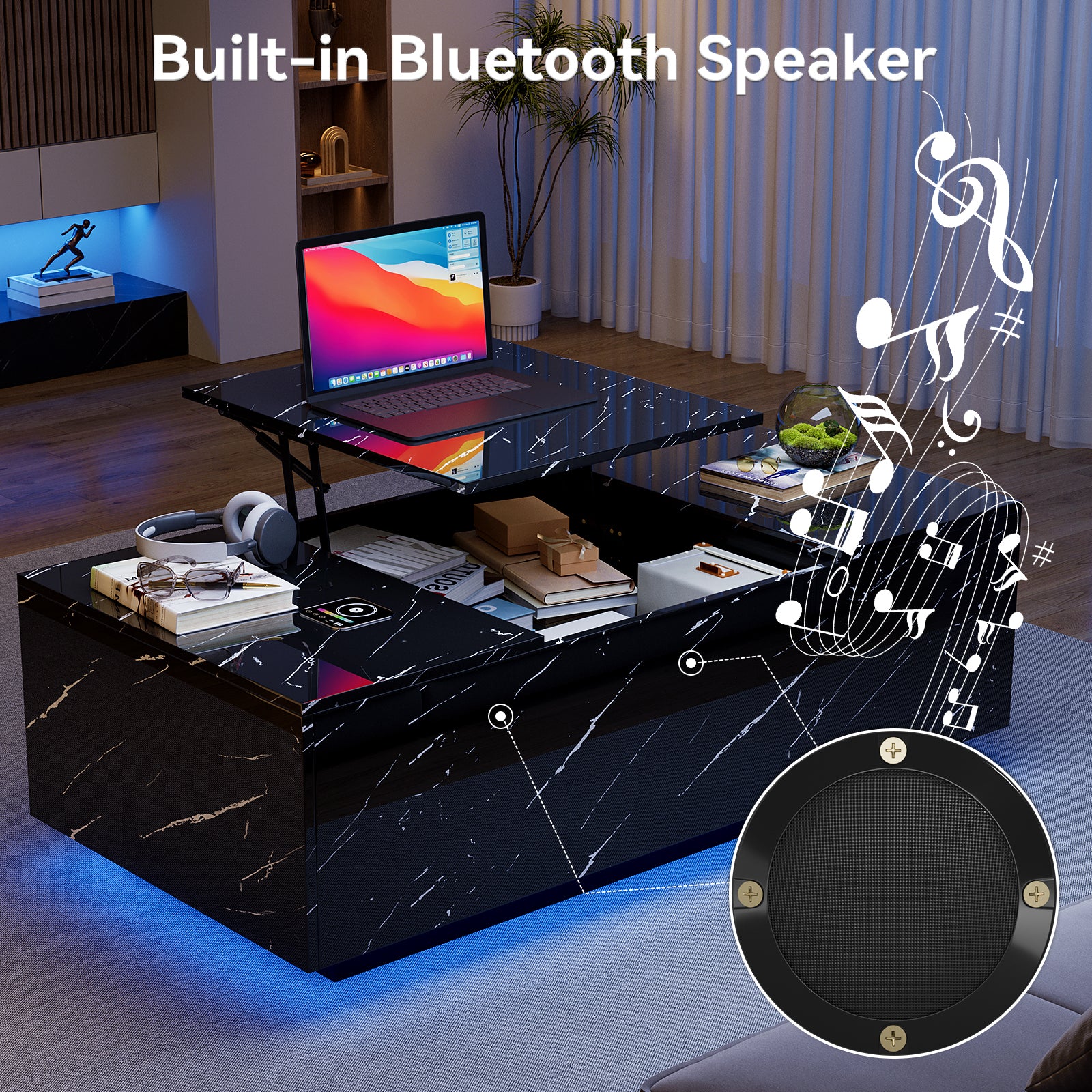 Lift Top Coffee Table with Storage, 24-Color LED Lights, Wireless Charging and Bluetooth Speaker for Living Room, Black