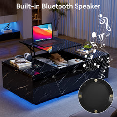 Lift Top Coffee Table with Storage, 24-Color LED Lights, Wireless Charging and Bluetooth Speaker for Living Room, Black