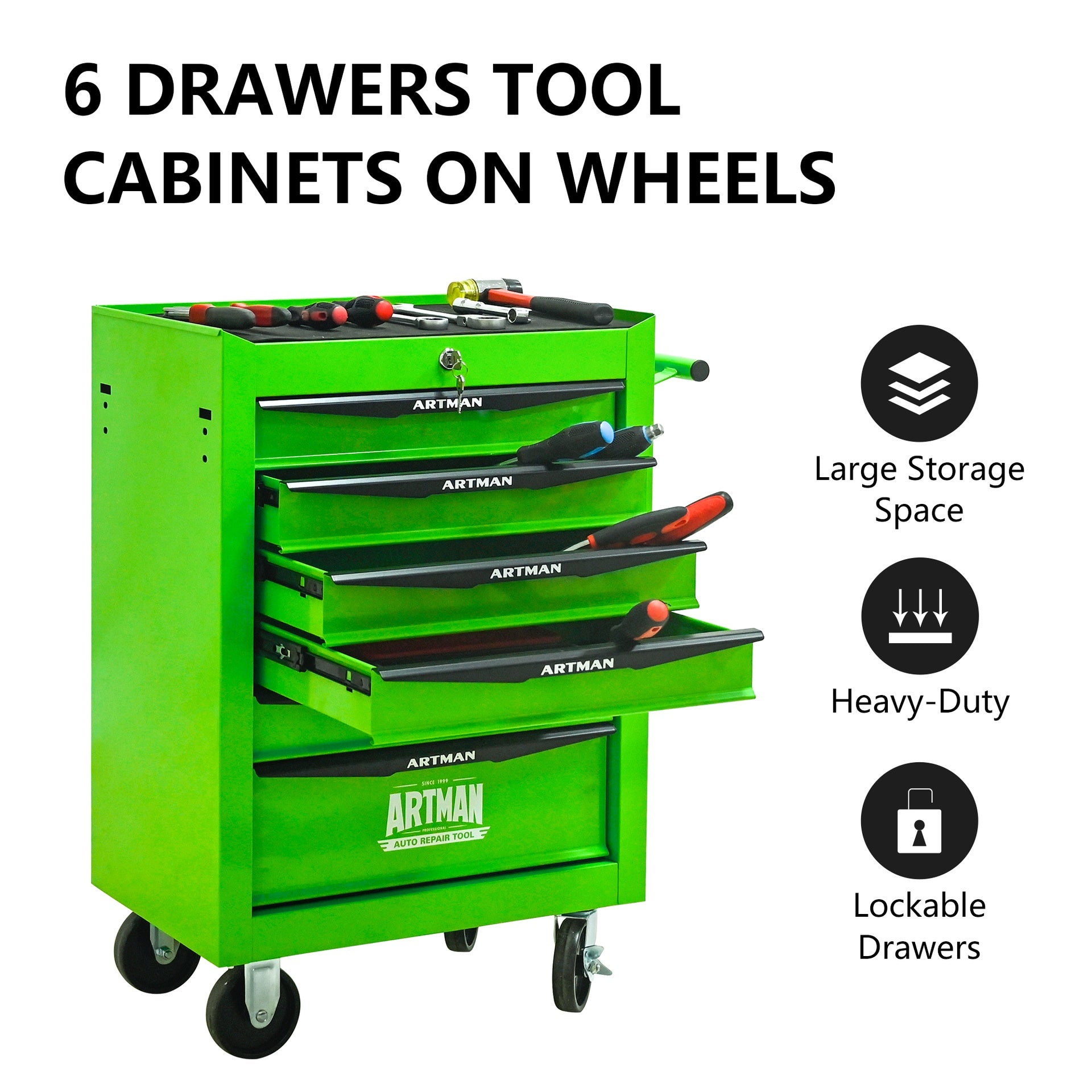 Rolling Metal Tool Chest with 6 Drawers, 20" 6-Drawer Tool Chest Cabinet with Ball Bearing Drawer Slides, Steel Tool Storage Box Organizer -GREEN
