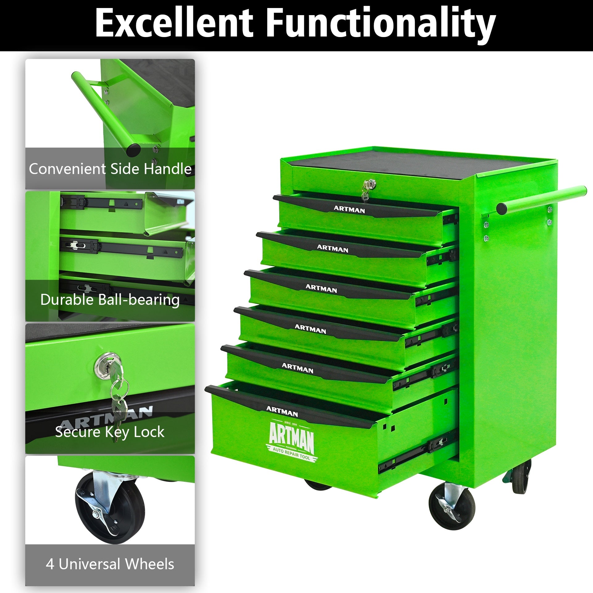 Rolling Metal Tool Chest with 6 Drawers, 20" 6-Drawer Tool Chest Cabinet with Ball Bearing Drawer Slides, Steel Tool Storage Box Organizer -GREEN