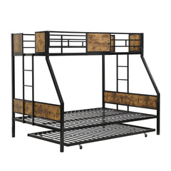 Twin Over FULL Metal Bunk Bed with Trundle 2 - Side Ladder and Full-Length Guardrail, No Box Spring Needed, Large Under Bed Storage, Easy Assemble , Black & Brown