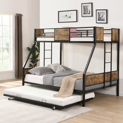 Twin Over FULL Metal Bunk Bed with Trundle 2 - Side Ladder and Full-Length Guardrail, No Box Spring Needed, Large Under Bed Storage, Easy Assemble , Black & Brown