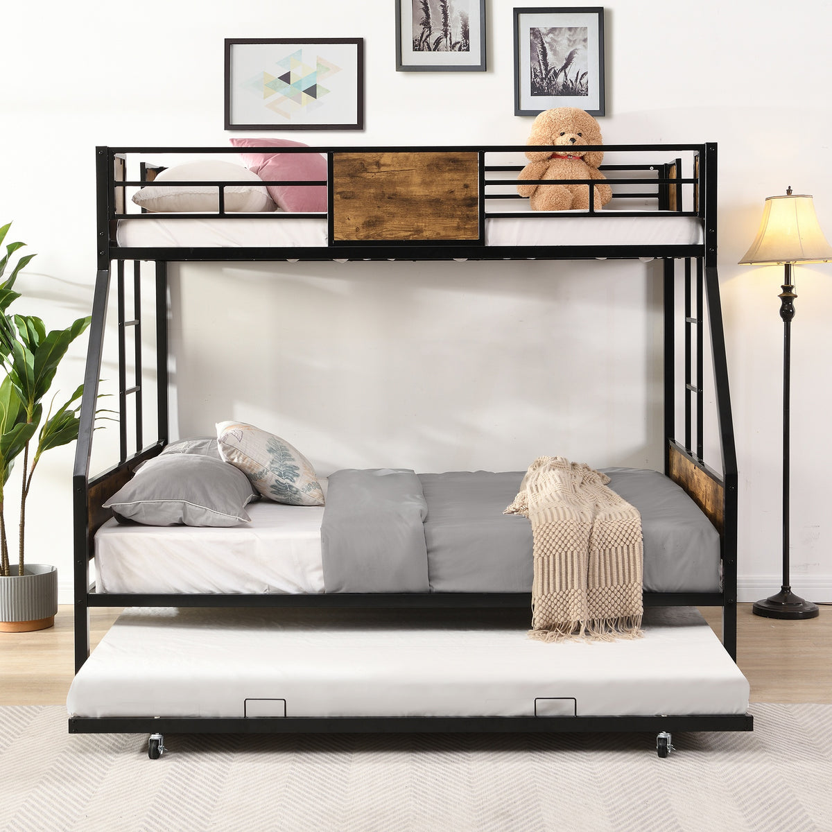 Twin Over FULL Metal Bunk Bed with Trundle 2 - Side Ladder and Full-Length Guardrail, No Box Spring Needed, Large Under Bed Storage, Easy Assemble , Black & Brown