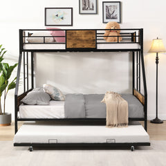 Twin Over FULL Metal Bunk Bed with Trundle 2 - Side Ladder and Full-Length Guardrail, No Box Spring Needed, Large Under Bed Storage, Easy Assemble , Black & Brown