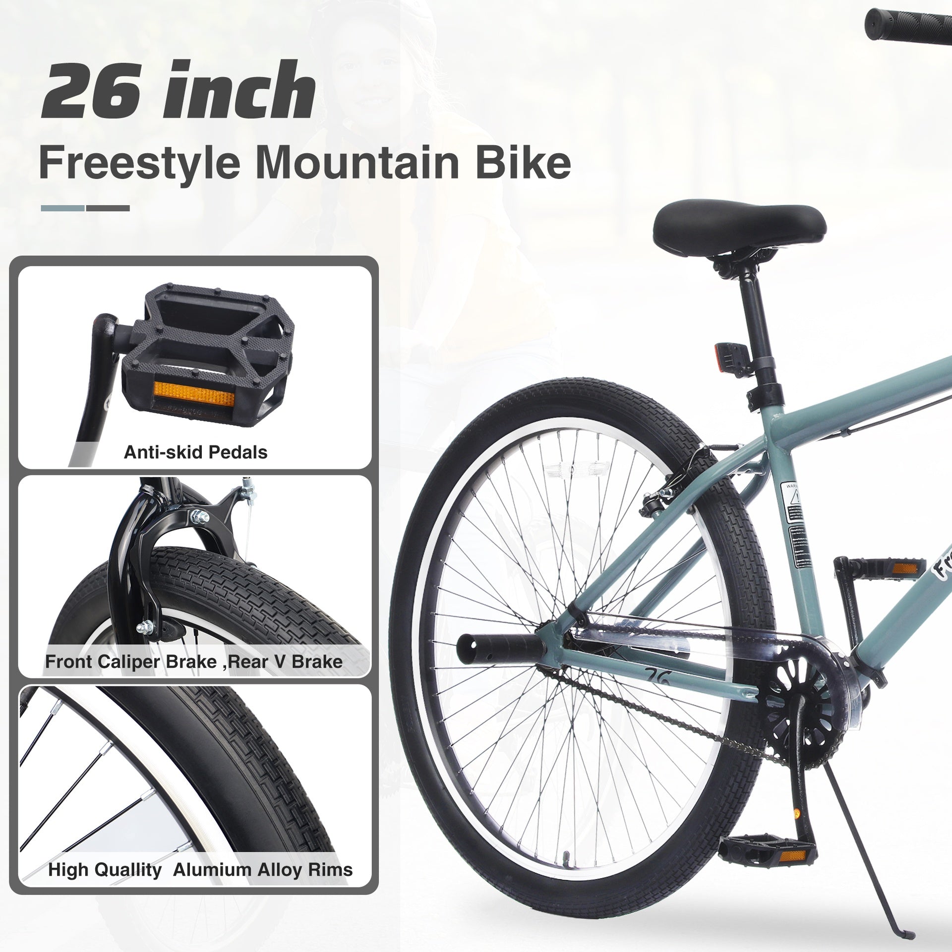 26 Inch Freestyle  Bike for Teens, Steel Frame Single-Speed Bicycle with 2 Pegs , Front Caliper Brake and Rear V Brake, Bicycle for Boys and Girls Ages  14+