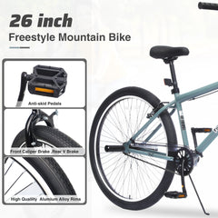26 Inch Freestyle  Bike for Teens, Steel Frame Single-Speed Bicycle with 2 Pegs , Front Caliper Brake and Rear V Brake, Bicycle for Boys and Girls Ages  14+