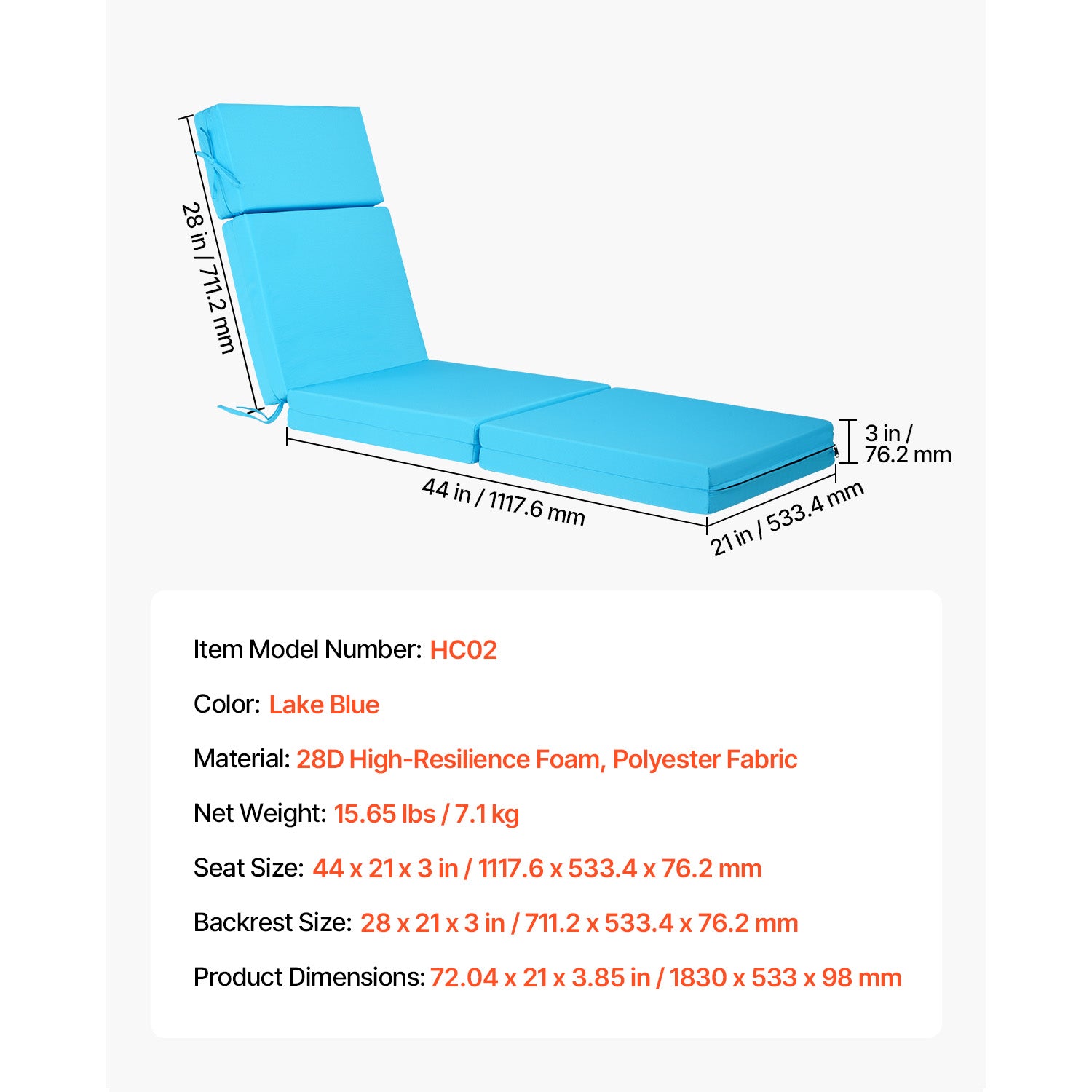 Set of 2 Outdoor Chaise Lounge Chair Cushions 72 x 21 in Waterproof Thick