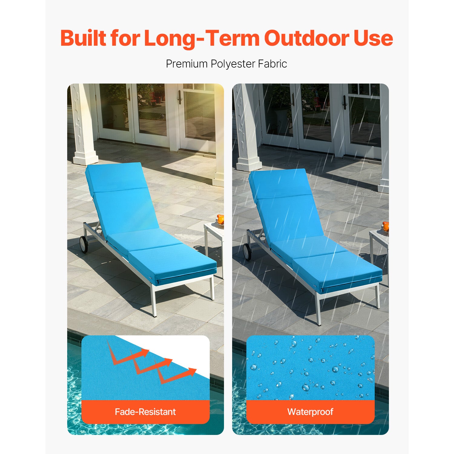 Set of 2 Outdoor Chaise Lounge Chair Cushions 72 x 21 in Waterproof Thick
