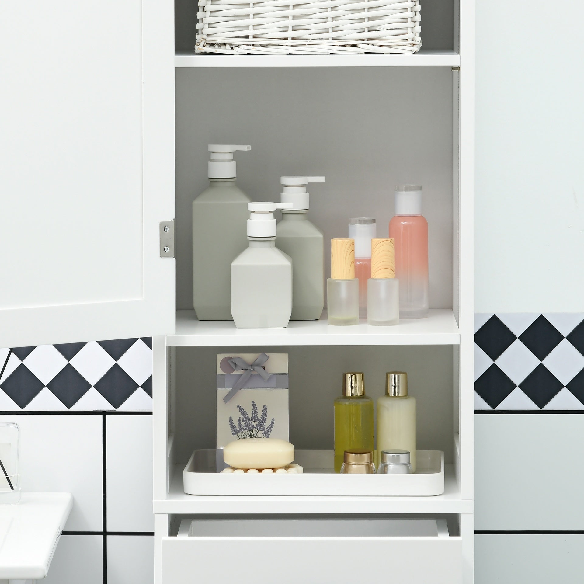 kleankin Slim Bathroom Storage Cabinet, Tall Bathroom Cabinet, Linen Tower with Open Shelf, Drawer, Recessed Doors, and Adjustable Shelves, White