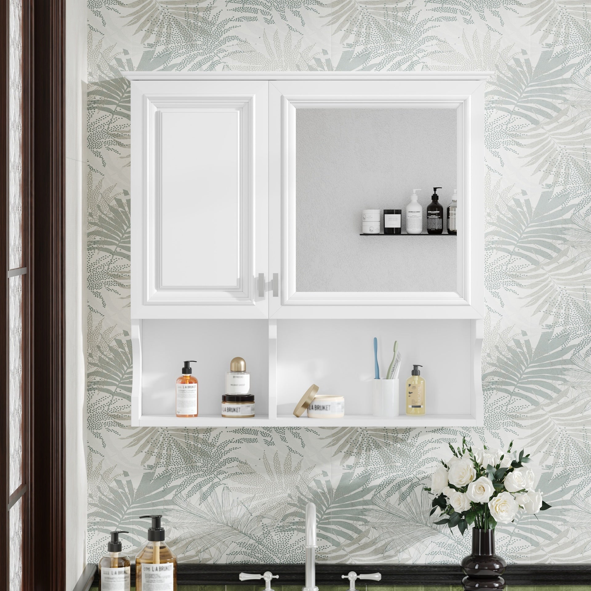 30 Inch Mirror Medicine Cabinet with Open Shelves, Wall Mounted Home Storage with Doors & Mirror, Adjustable Shelf, Bathroom Storage Cabinet over Toilet