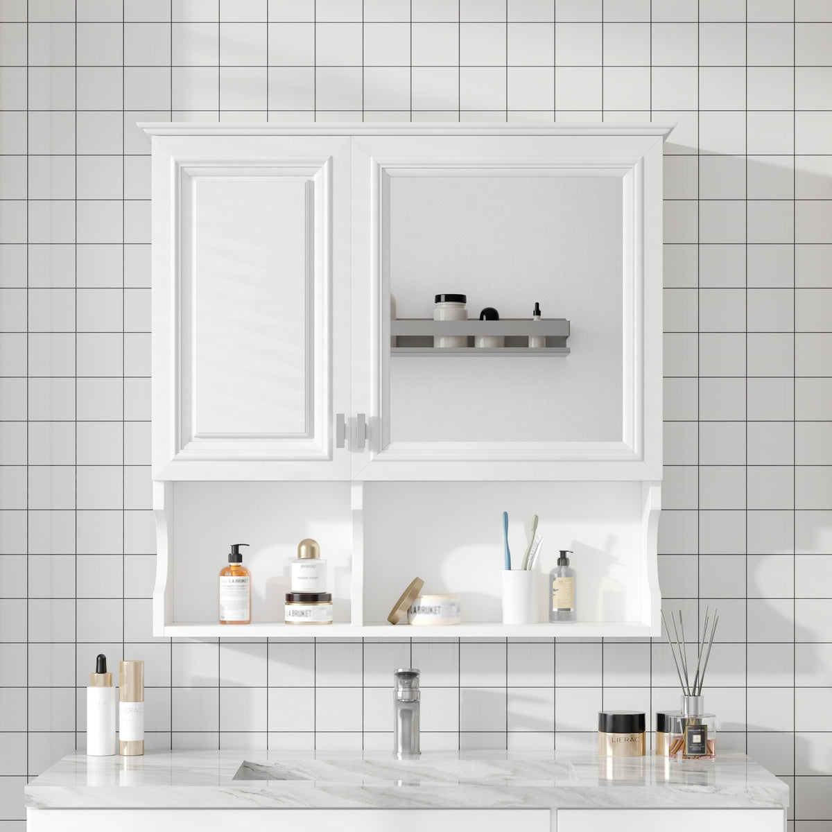 30 Inch Mirror Medicine Cabinet with Open Shelves, Wall Mounted Home Storage with Doors & Mirror, Adjustable Shelf, Bathroom Storage Cabinet over Toilet