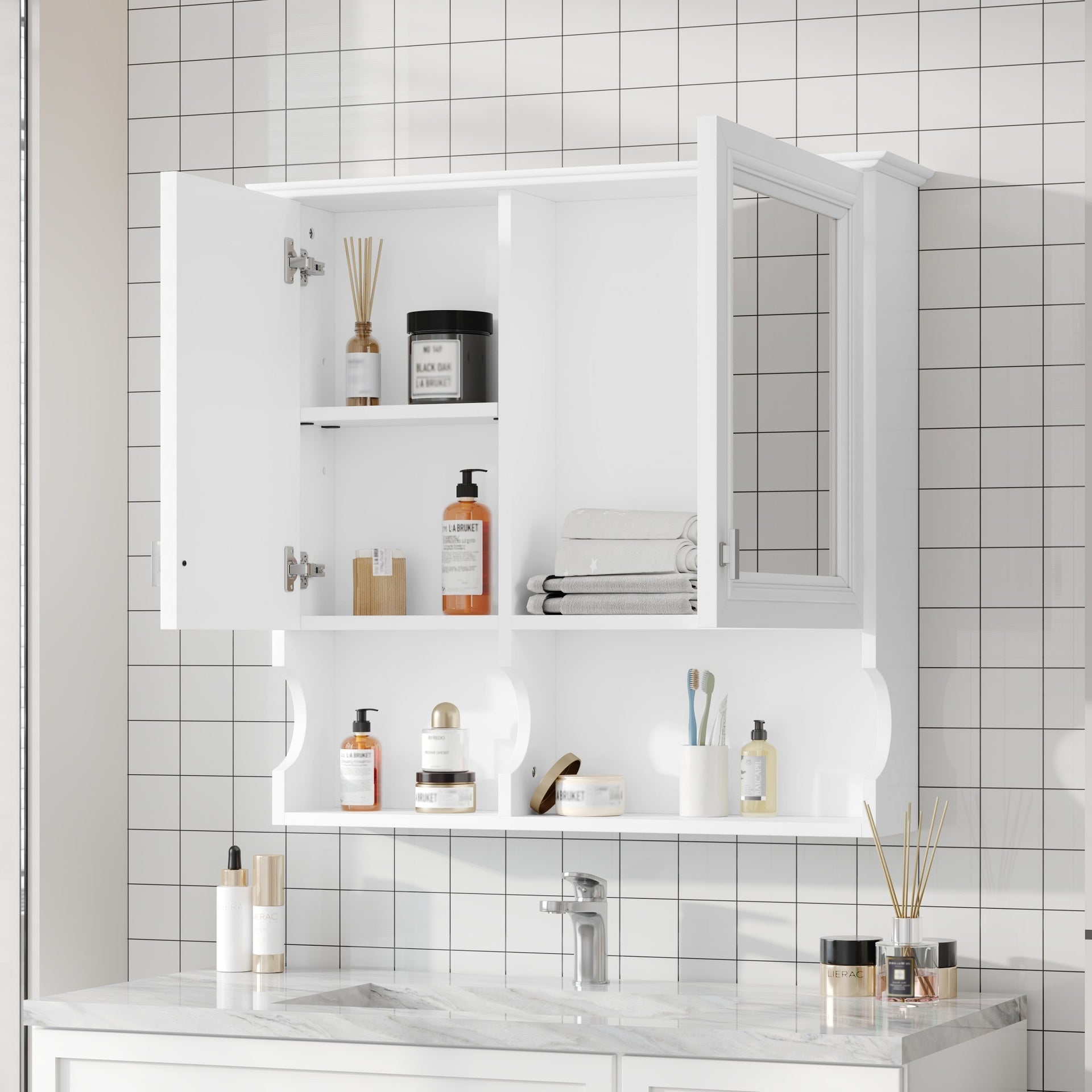 30 Inch Mirror Medicine Cabinet with Open Shelves, Wall Mounted Home Storage with Doors & Mirror, Adjustable Shelf, Bathroom Storage Cabinet over Toilet