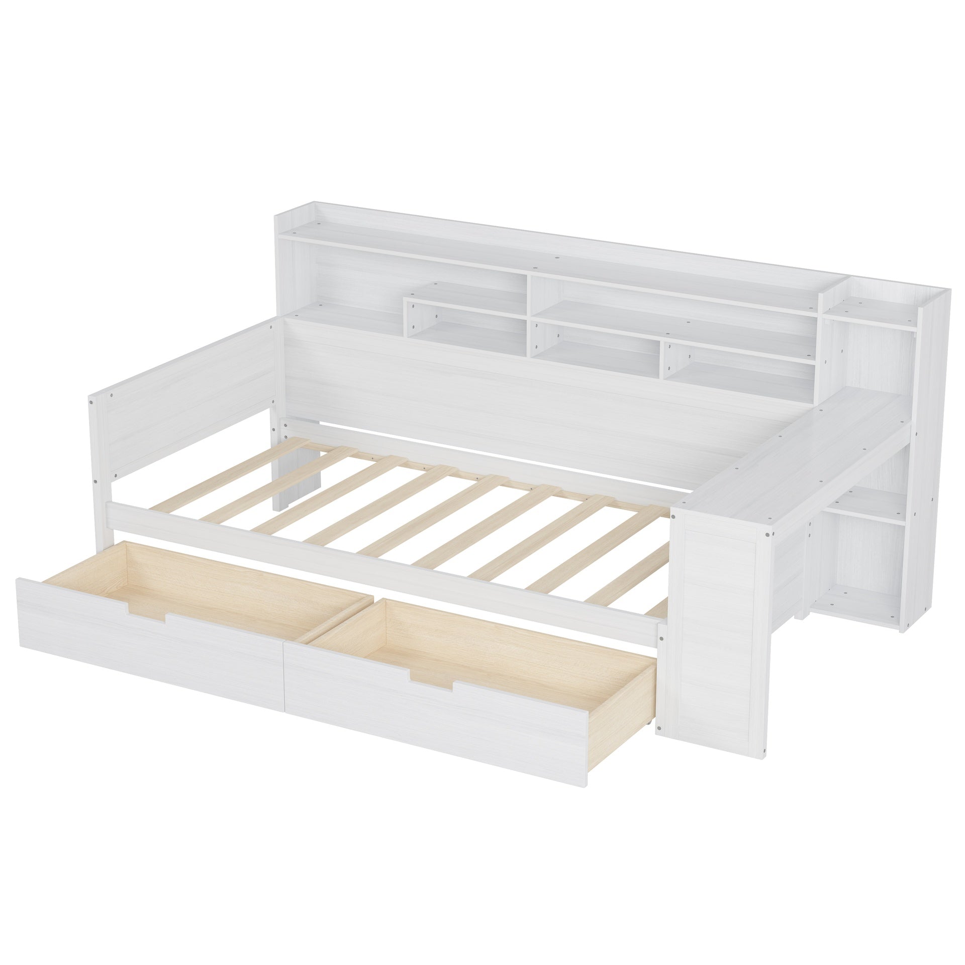 Wooden Twin Size Daybed with Storage Shelves, Multi-functional Bed with Two Storage Drawers and  Study Desk, Antique White