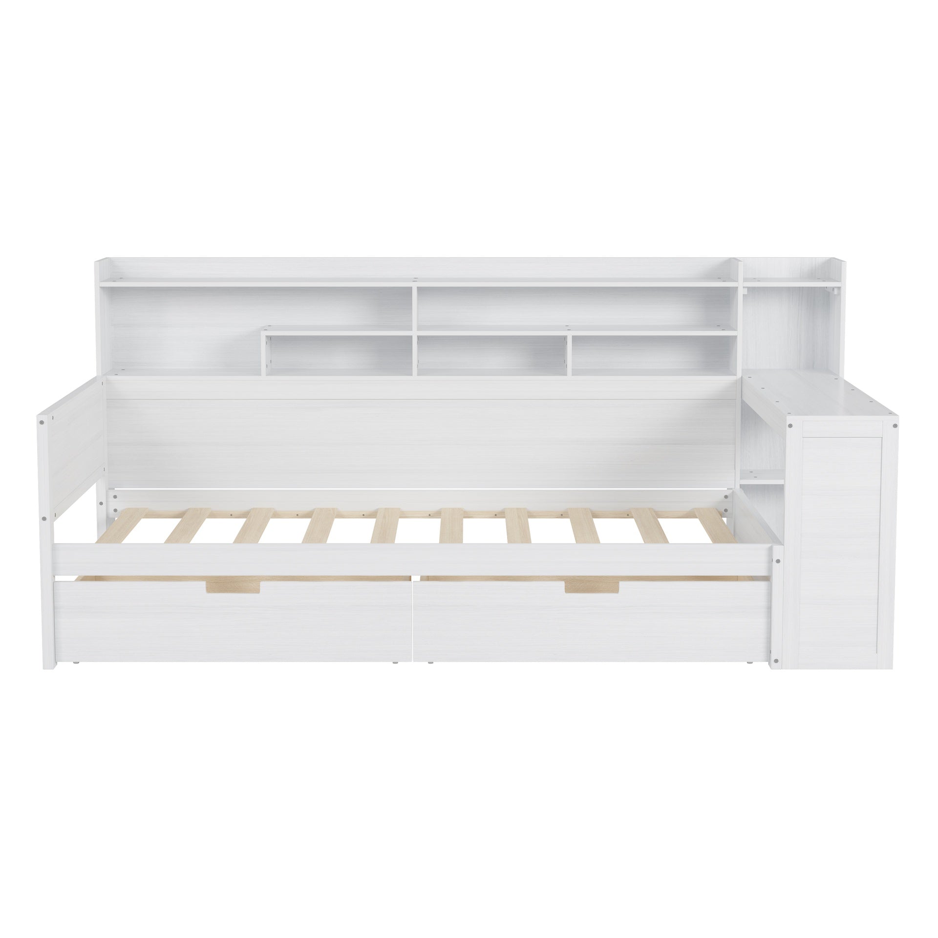 Wooden Twin Size Daybed with Storage Shelves, Multi-functional Bed with Two Storage Drawers and  Study Desk, Antique White